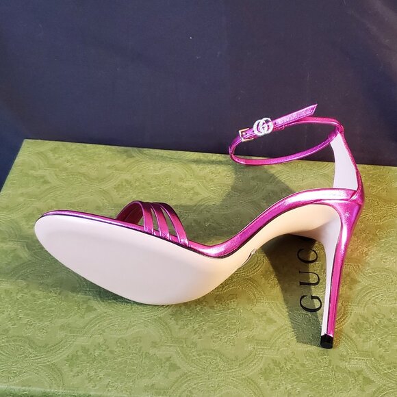 NIB Gucci metallic fuchsia leather stiletto heel GG logo sandals IT 38 US 8 - Picture 7 of 8